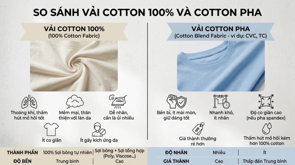 So sánh vải cotton pha và vài cotton 100%